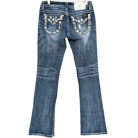 VTG Y2K Miss Me Sequin Vine Pocket Low Rise Boot Cut Distressed Bling Jeans 27 - Picture 1 of 15